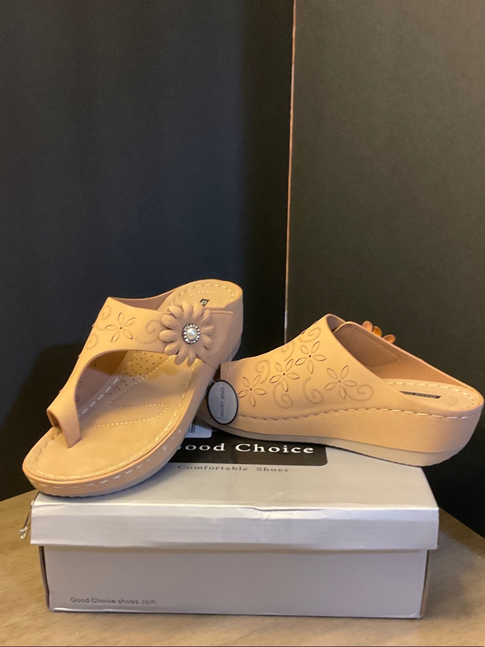 Peach Floral Embellished Wedge Thong Mules